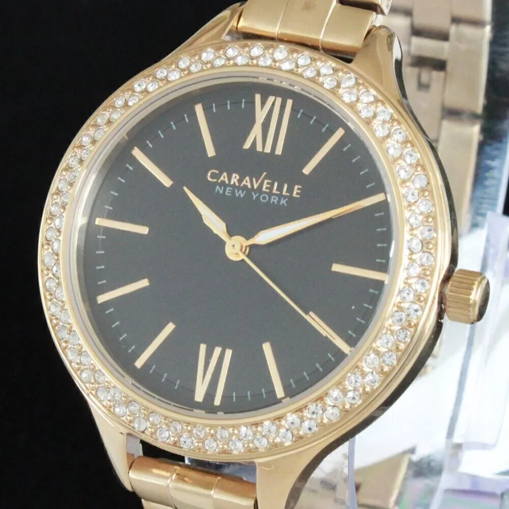 Caravelle New York Ladies Casual Watch Swarovski Crystal Bezel Gold Tone 37mm